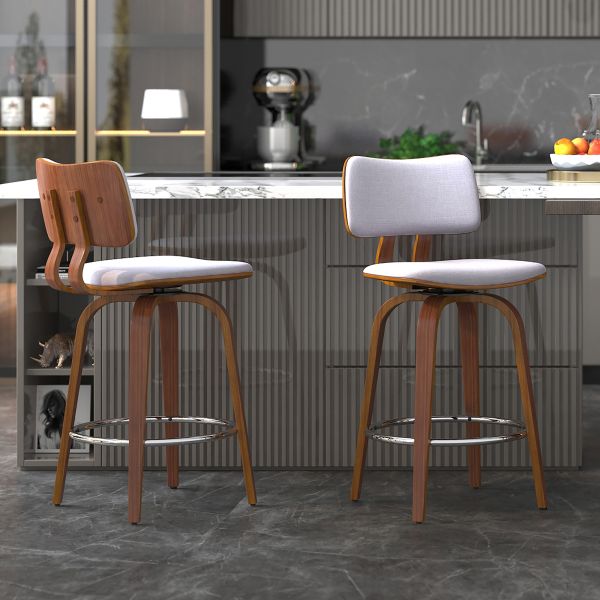 Tabouret de comptoir Zuni de 26 po avec pivot en tissu gris et noyer ( Meuble Mtl )
