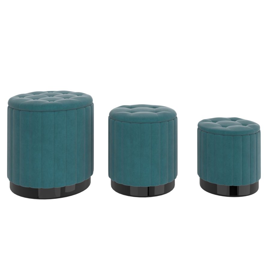 Ensemble de 3 poufs de rangement Tobi en bleu sarcelle et noir ( Meuble Mtl )