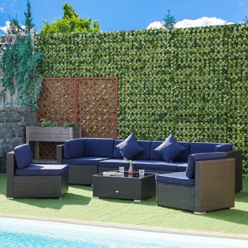 Ensemble de meubles de patio 7 pièces, ensemble de conversation en plein air en rotin, ensemble de canapé de jardin en osier, meubles sectionnels, bleu marine