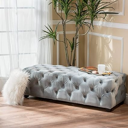 Grand Pouf Rectangulaire Capitonné Gris Clair en Tissu de Haute Qualité ( Meuble Mtl )
