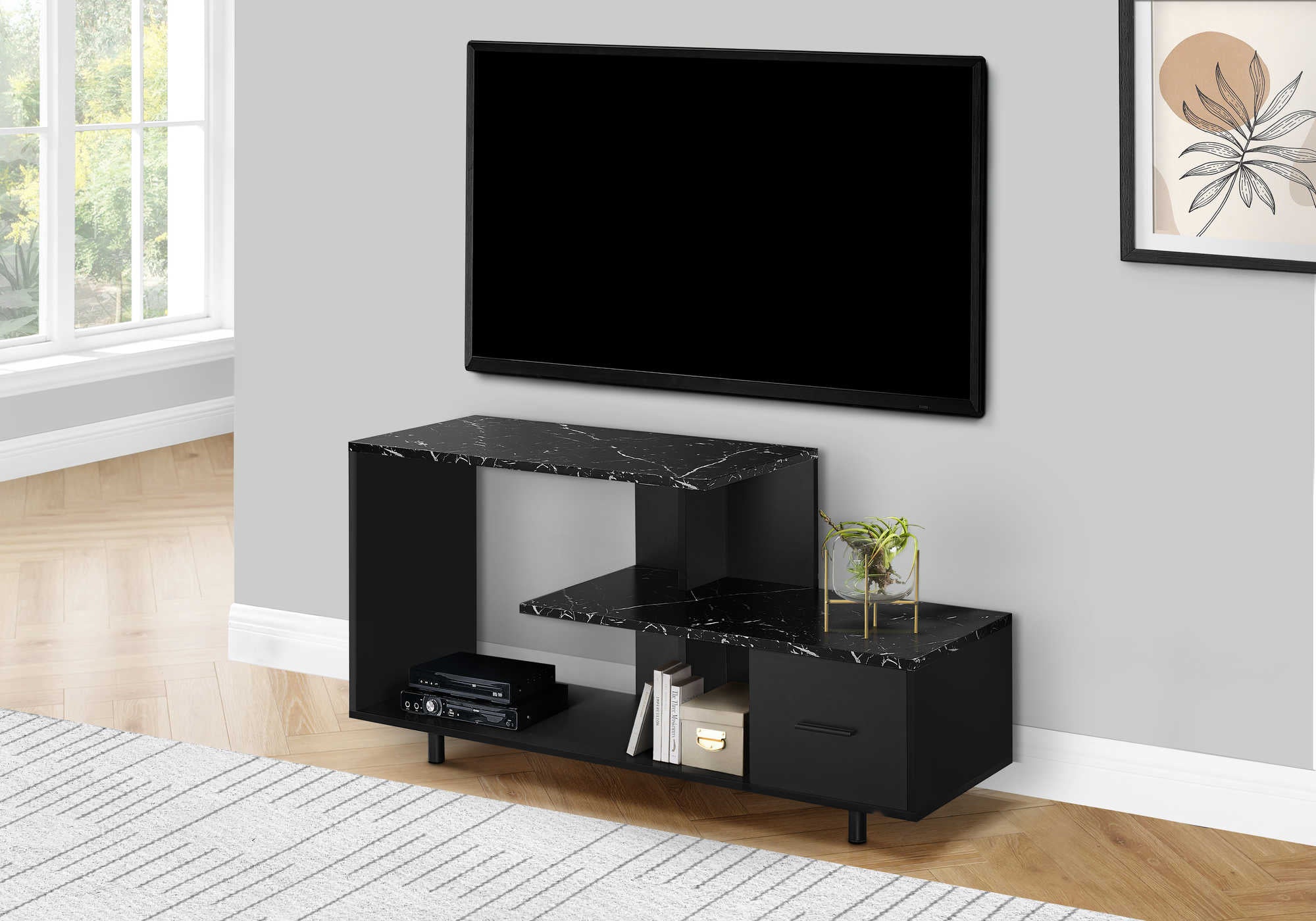 MEUBLE TV - 48"L / NOIR / DESSUS MARBRE NOIR / 1 TIROIR ( Meuble Mtl )
