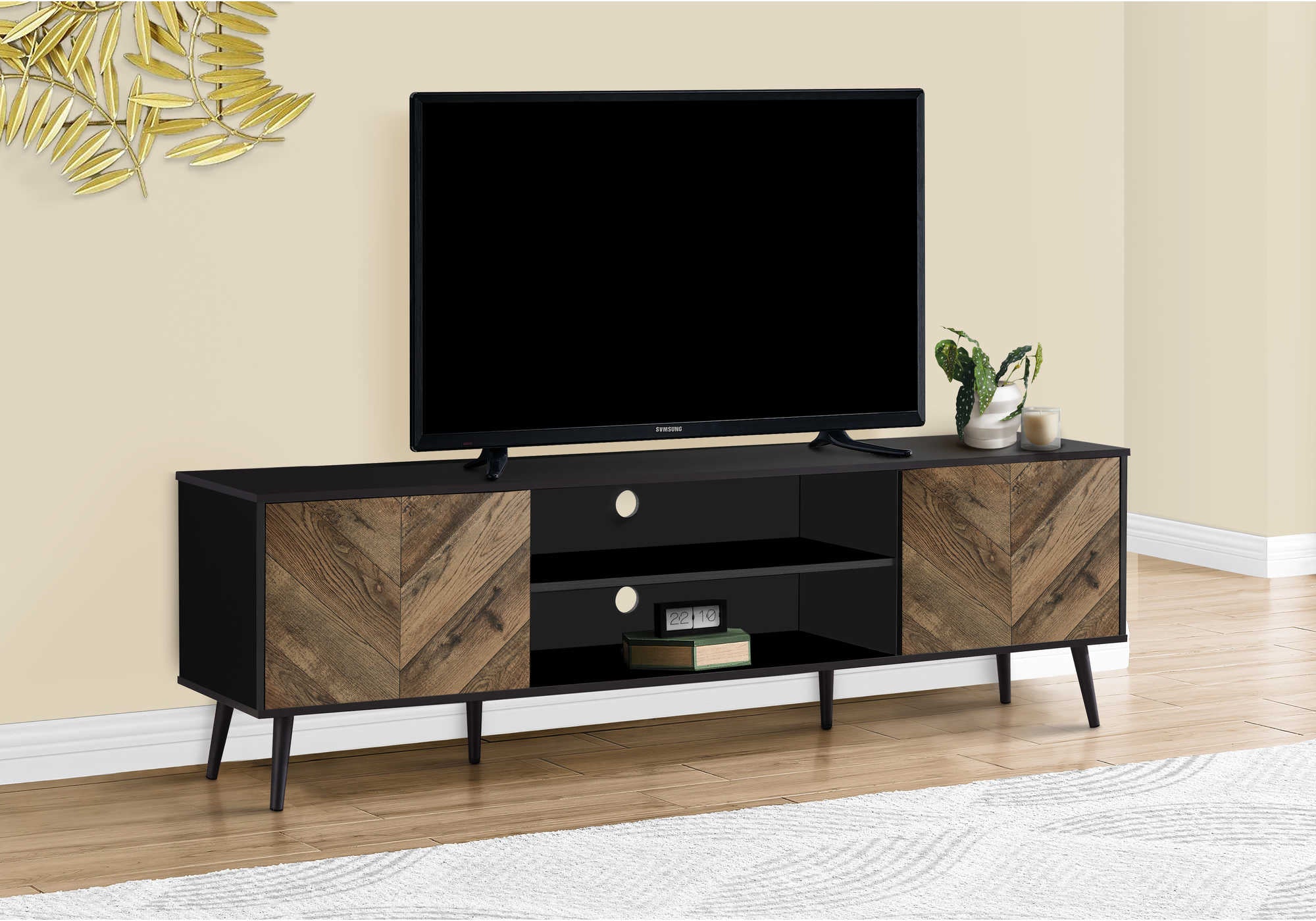 MEUBLE TV - 72"L / NOIR AVEC 2 PORTES ASPECT BOIS