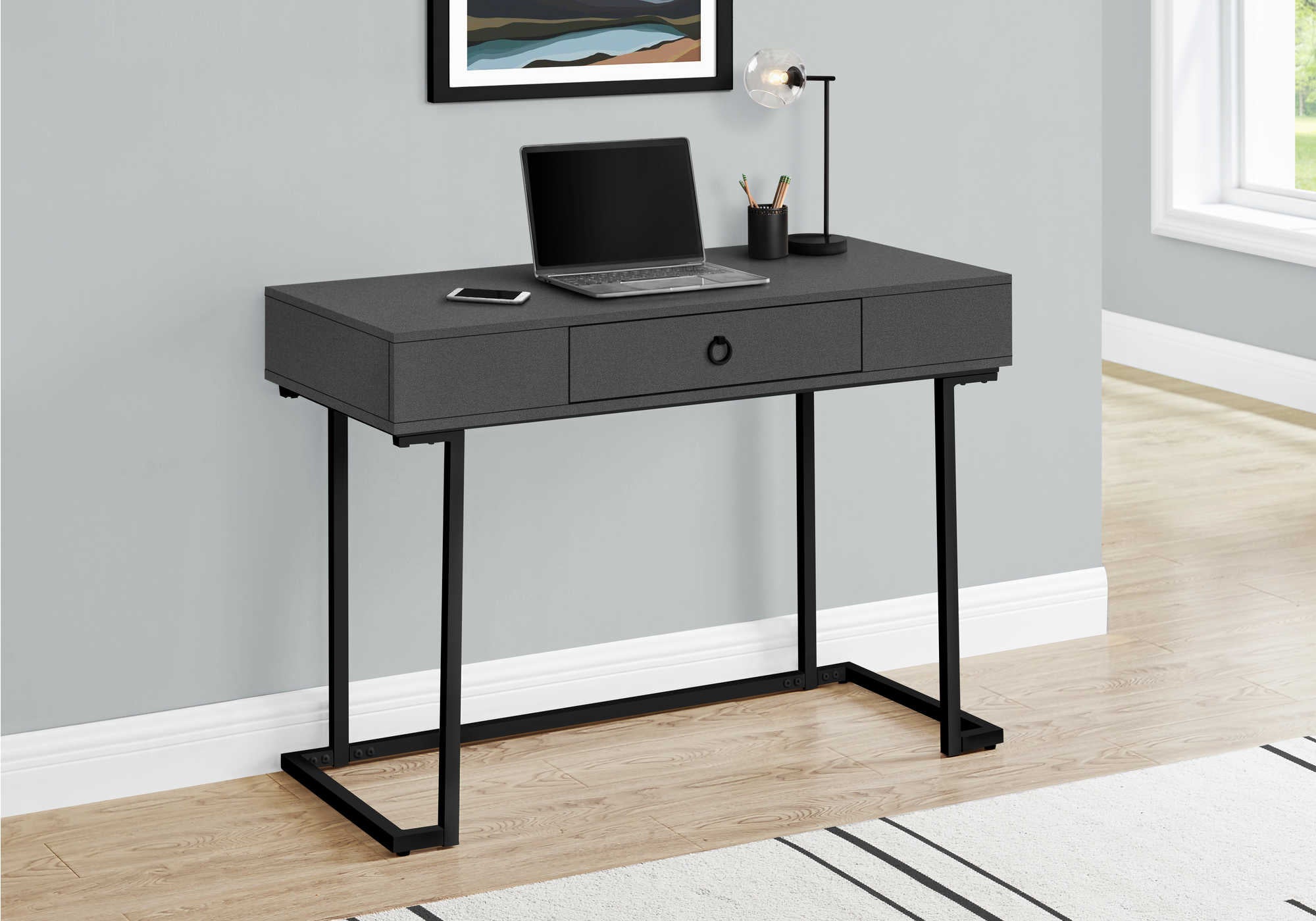 BUREAU D'ORDINATEUR - 42"L / GRIS MODERNE / METAL NOIR ( Meuble Mtl )