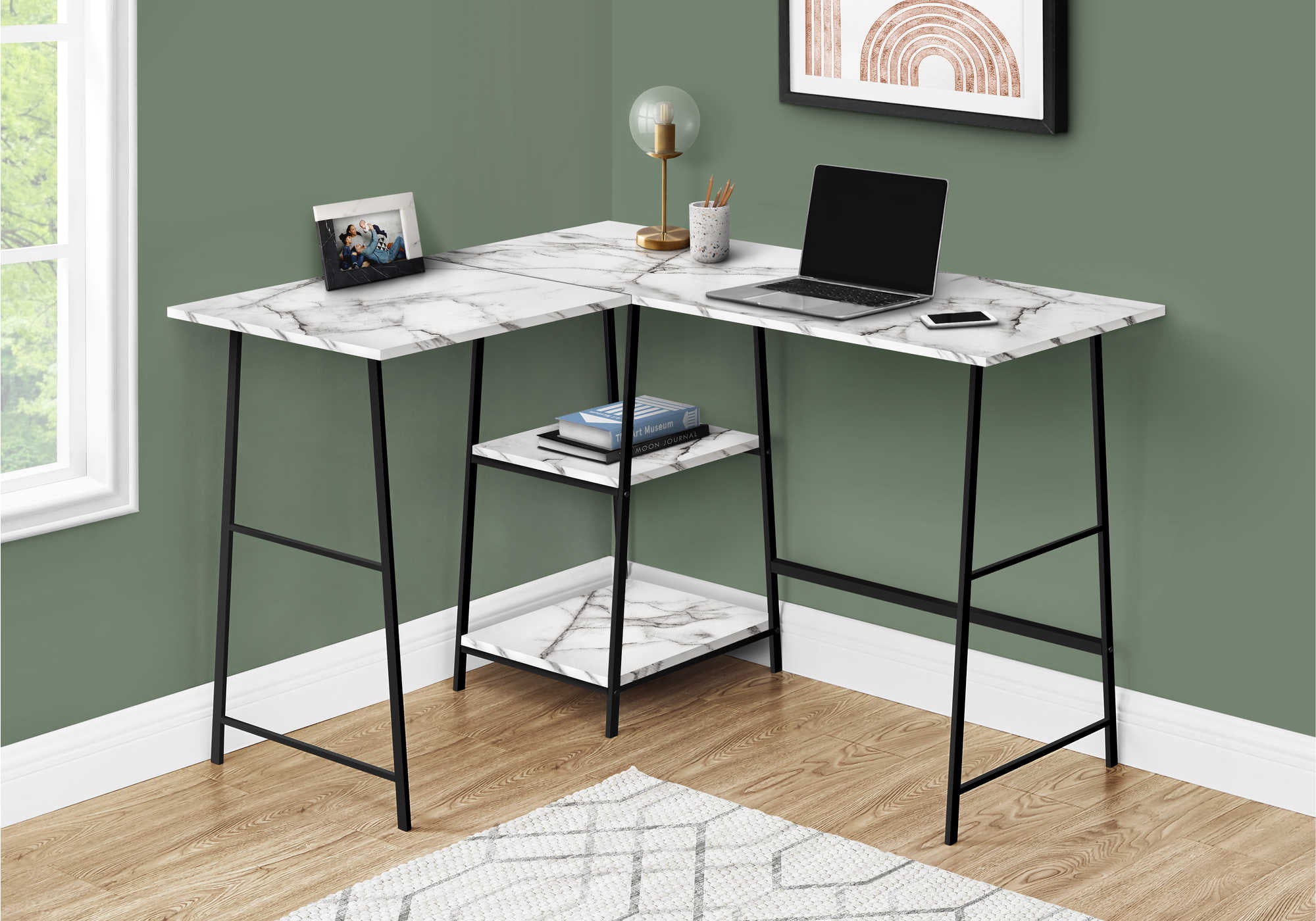 BUREAU D'ORDINATEUR - 48"L / MARBRE BLANC / COIN METAL NOIR ( Meuble Mtl )