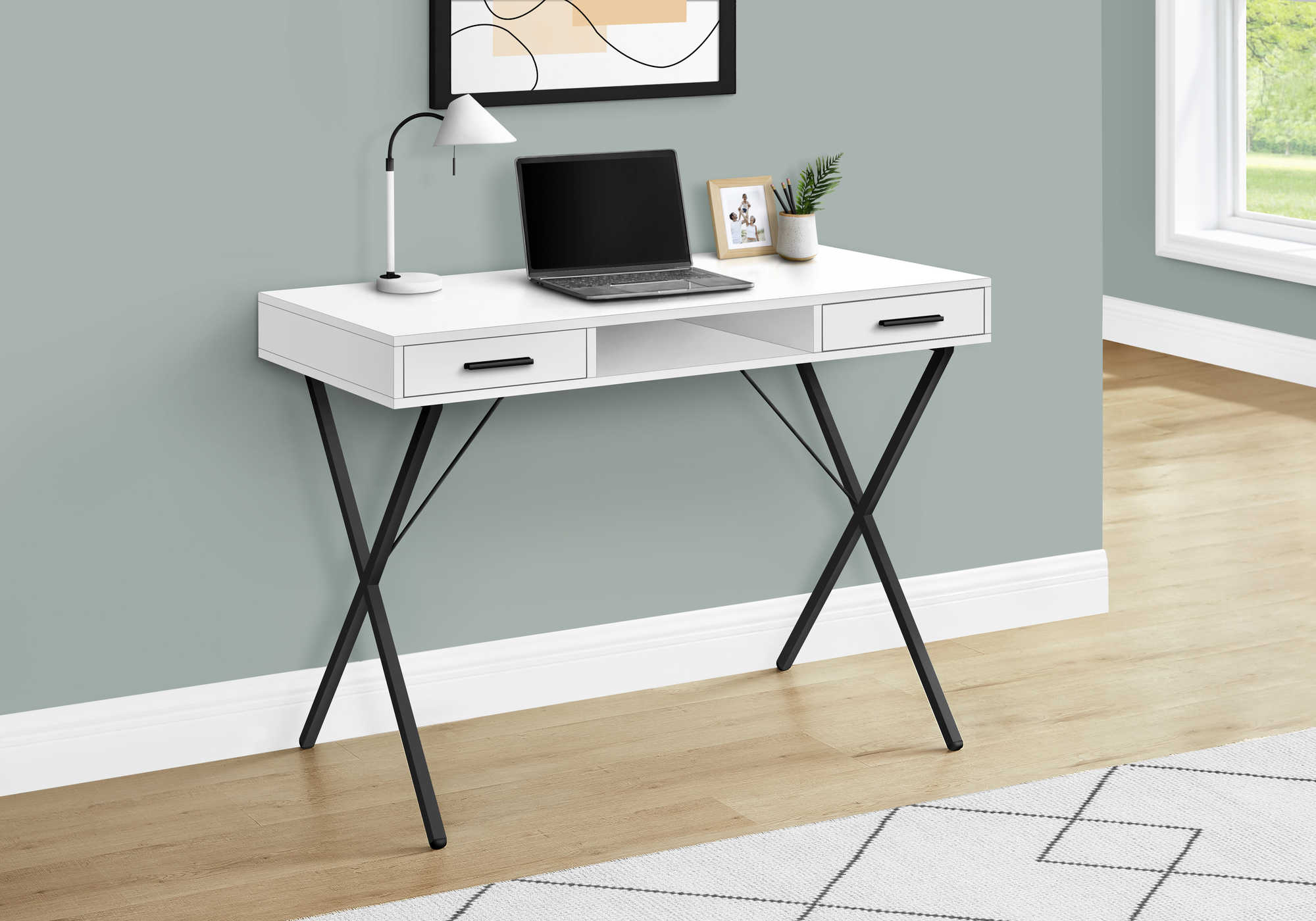 BUREAU D'ORDINATEUR - 42"L / BLANC / METAL NOIR ( Meuble Mtl )