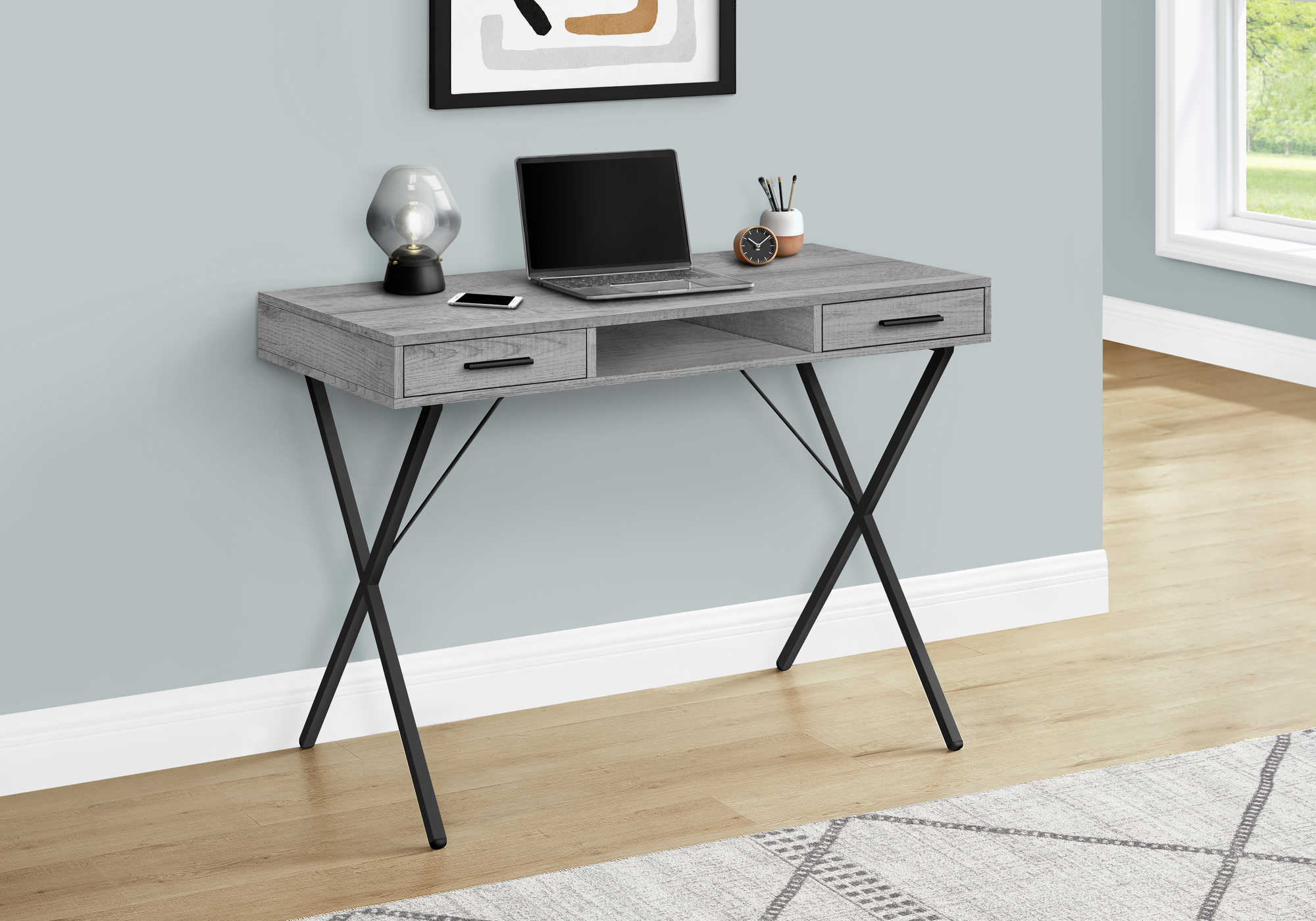 BUREAU D'ORDINATEUR - 42"L / GRIS / METAL NOIR ( Meuble Mtl )