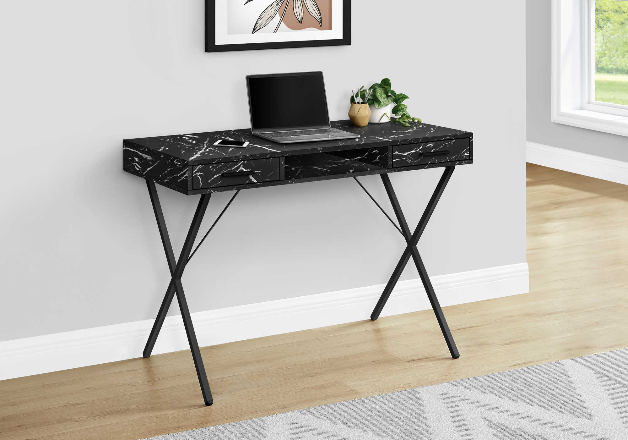 BUREAU D'ORDINATEUR - 42"L / MARBRE NOIR / METAL NOIR ( Meuble Mtl )