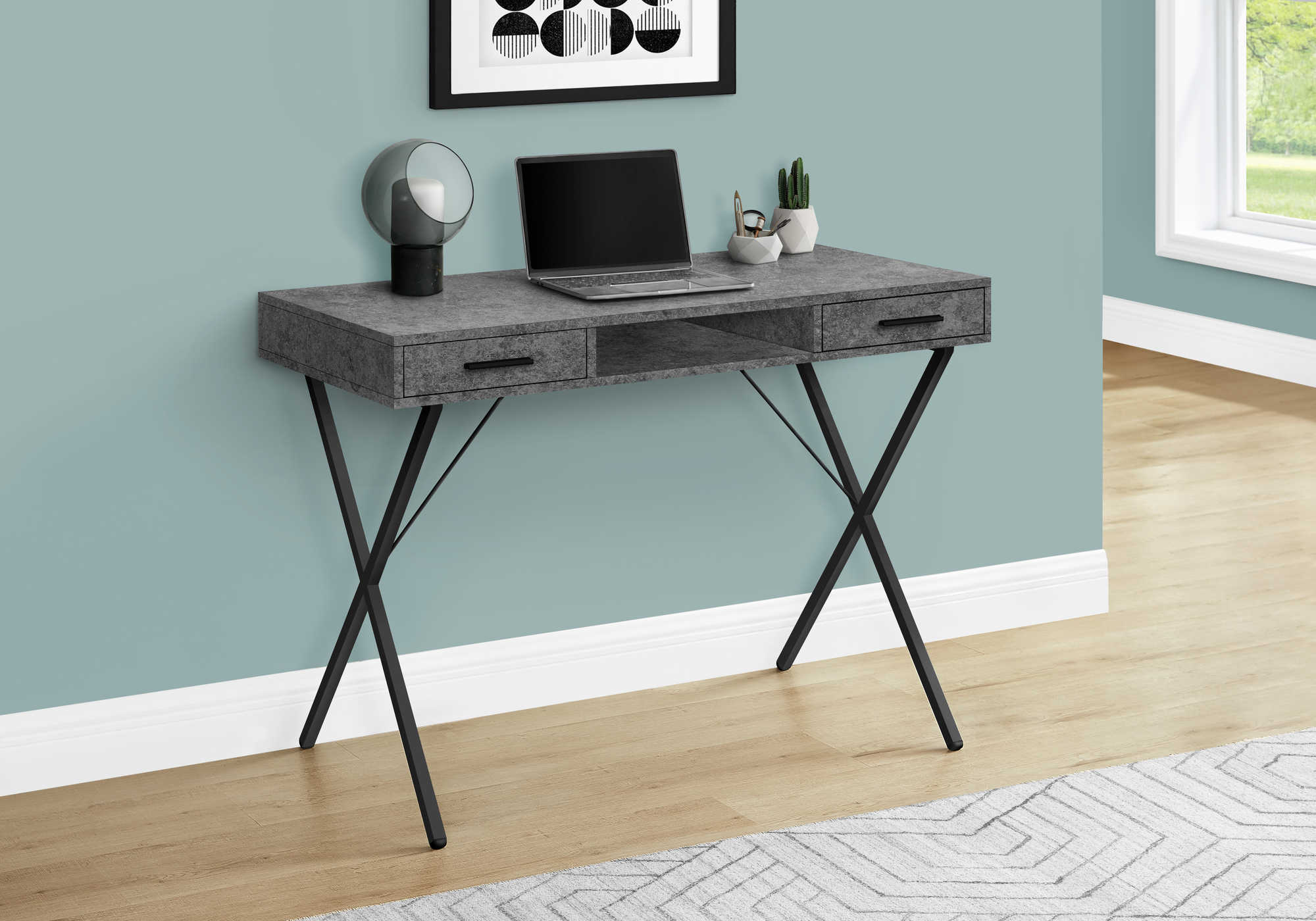 BUREAU D'ORDINATEUR - 42"L / SIMILI PIERRE GRIS / METAL NOIR ( Meuble Mtl )