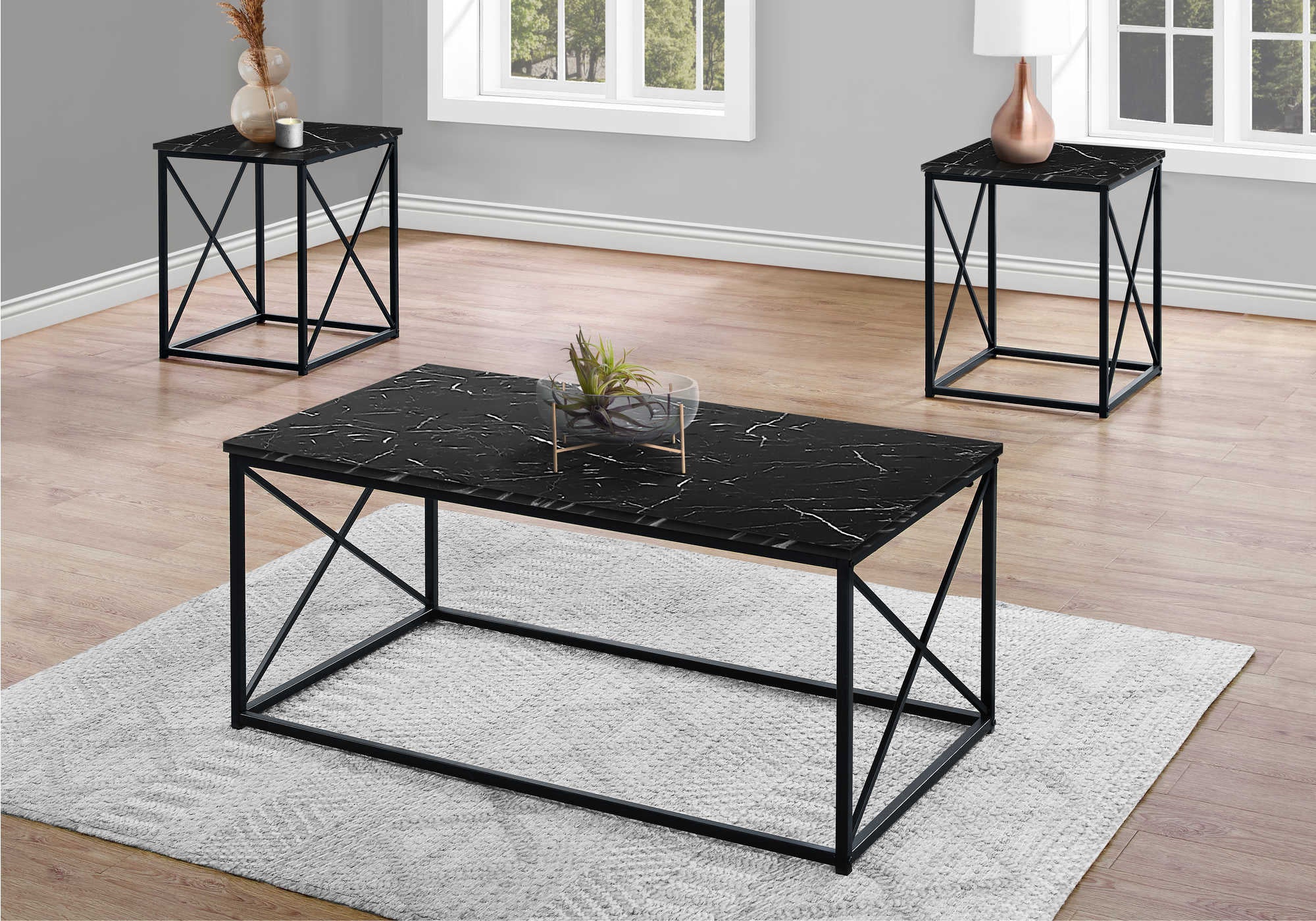 SET DE TABLE - 3PCS / MARBRE NOIR / METAL NOIR ( Meuble Mtl )