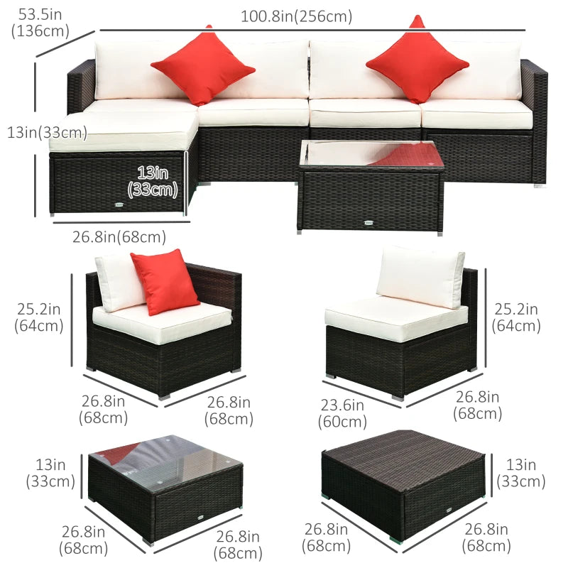 Ensemble de 6 meubles de patio en osier et rotin PE avec coussins épais, canapé sectionnel de jardin de luxe avec table en verre, café foncé et blanc crème