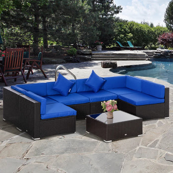 Ensemble de meubles d'extérieur en rotin 7 pièces, ensemble de canapé de conversation sectionnel en osier pour patio, bleu