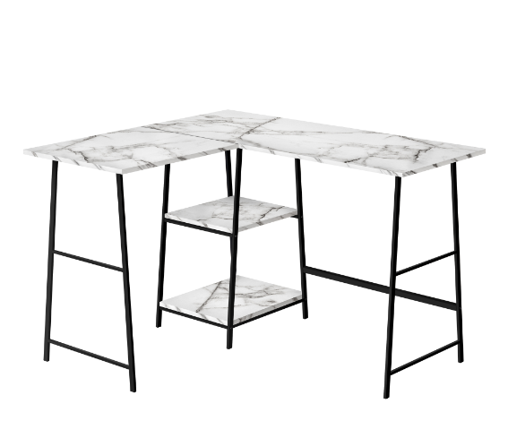 BUREAU D'ORDINATEUR - 48"L / MARBRE BLANC / COIN METAL NOIR ( Meuble Mtl )