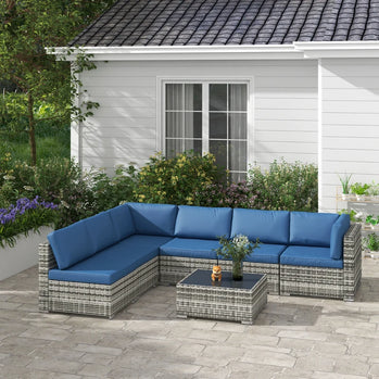 Ensemble sectionnel de jardin en osier, 7 pièces, avec Table à thé, Patio, canapé de salon en rotin, meubles de terrasse d'extérieur, bleu