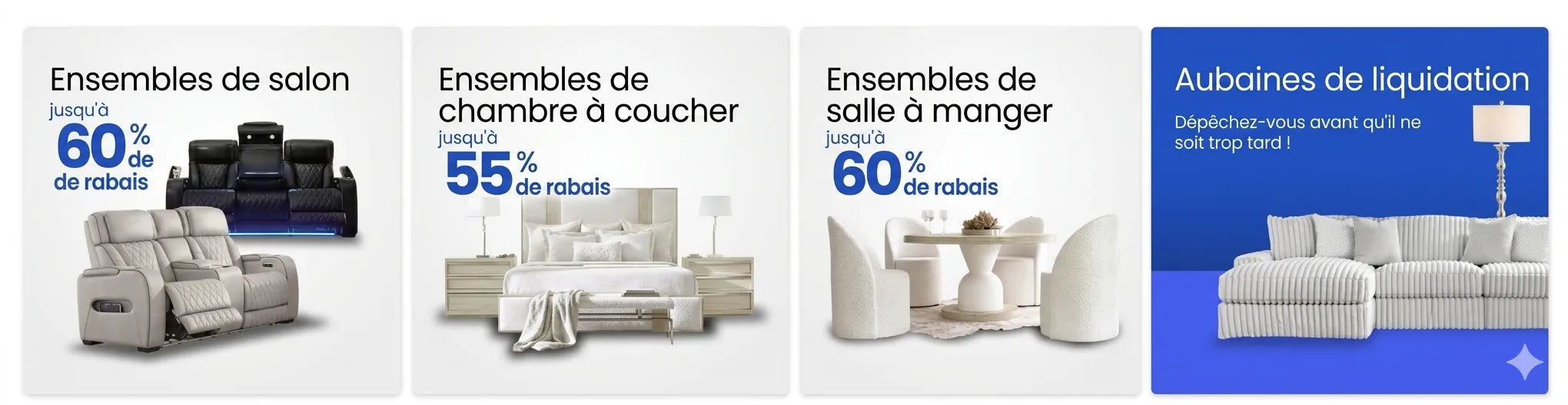 Divans de salon inclinables haut de gamme, mobilier de chambre à coucher blanc moderne, ensembles de table à manger contemporains et canapés sectionnels en liquidation livrés au Canada.