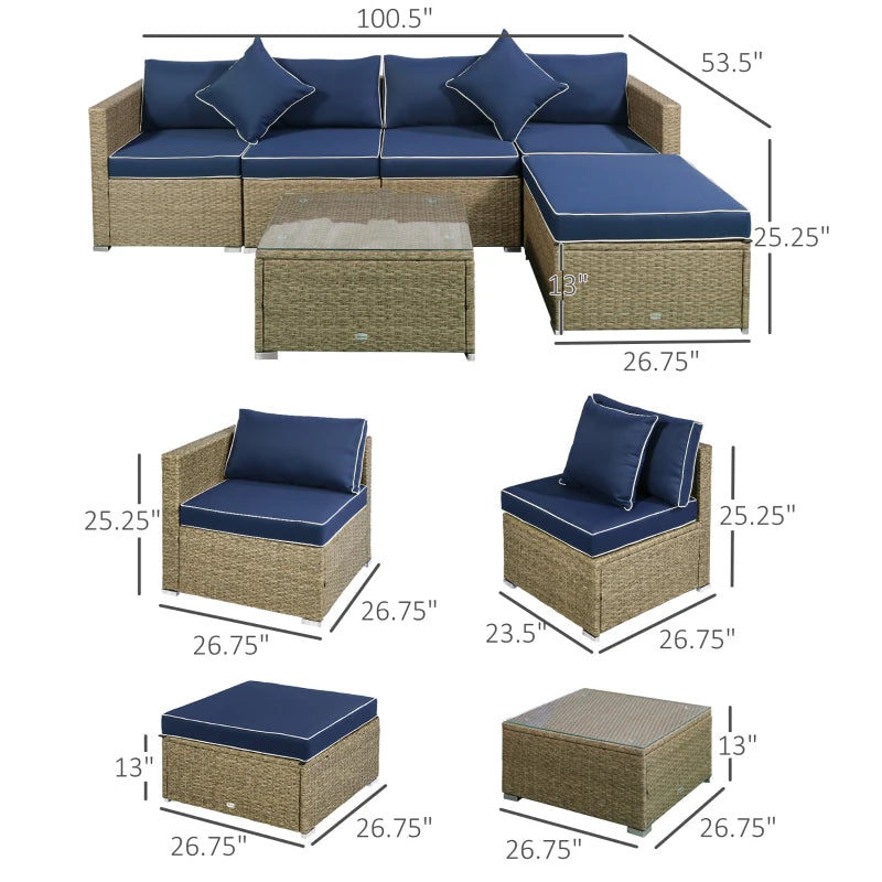 Ensemble de 6 meubles de patio en osier et rotin PE avec coussins épais, canapé sectionnel de jardin de luxe avec table en verre, jaune et bleu marine