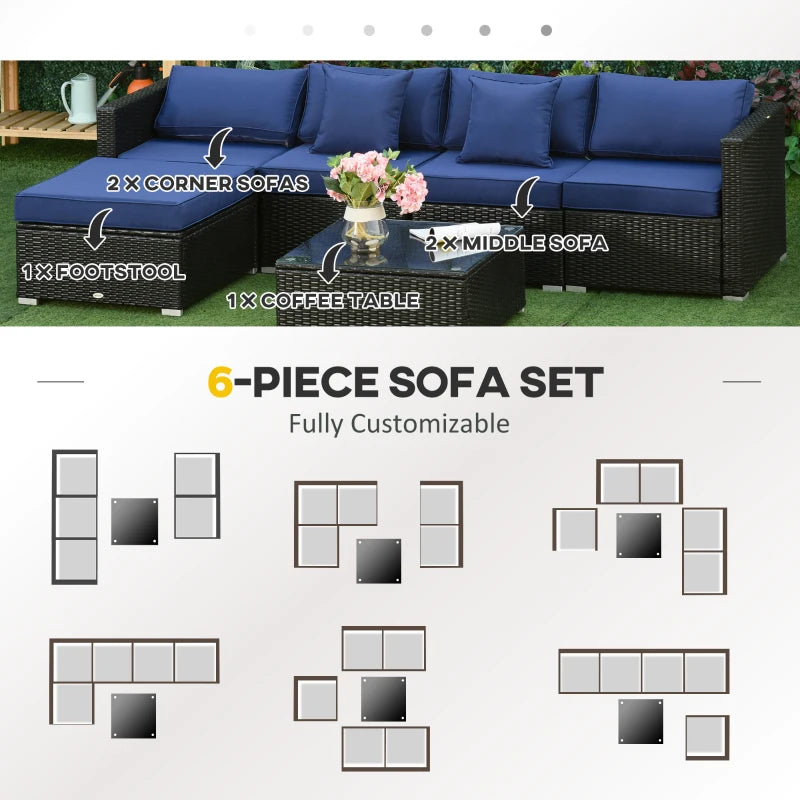 Ensemble de 6 meubles de patio en osier et rotin PE avec coussins épais, canapé sectionnel de jardin de luxe avec table en verre, noir et bleu foncé