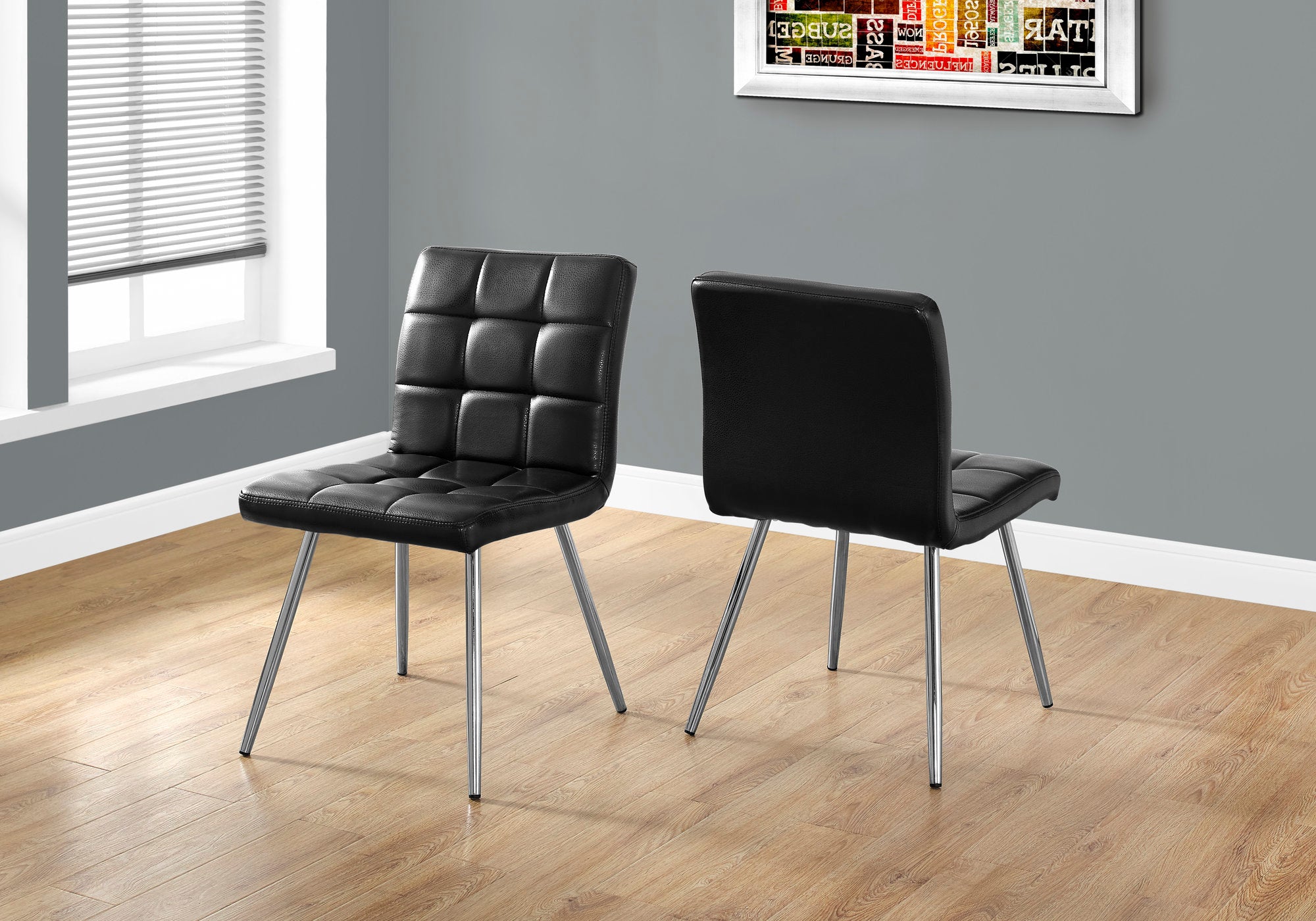 CHAISE DE SALLE A MANGER - 2PCS / 32"H / SIMILI-CUIR NOIR / CHROME