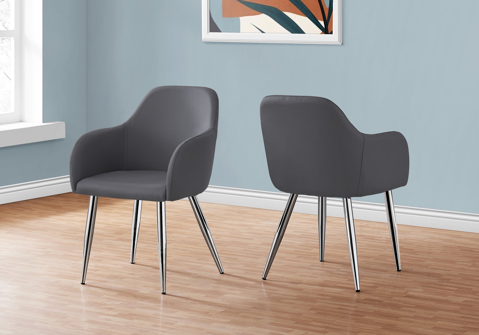 CHAISE DE SALLE A MANGER - 2PCS / 33"H / SIMILI-CUIR GRIS / CHROME