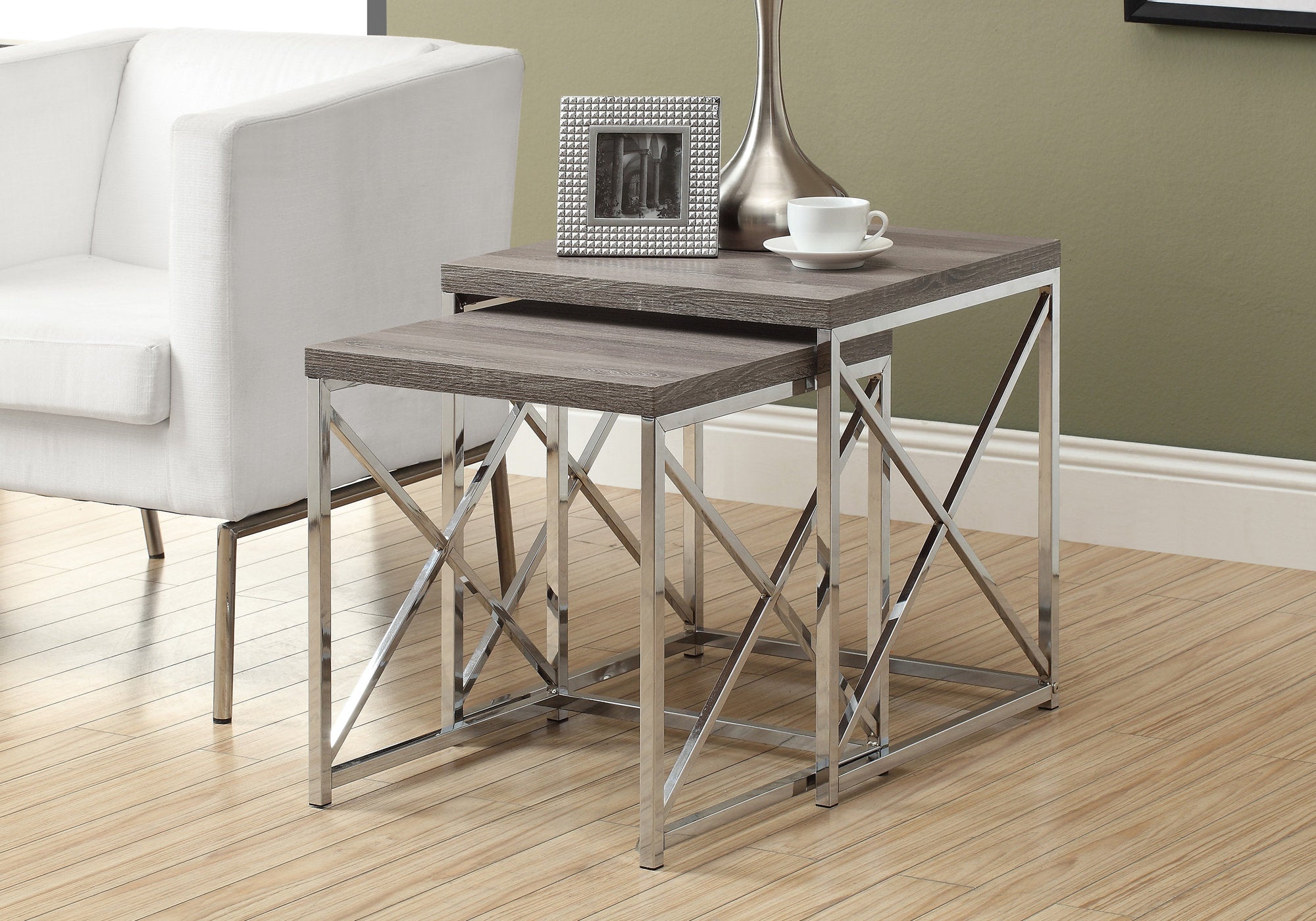 TABLE GIGOGNE - ENSEMBLE 2PCS / TAUPE FONCE AVEC METAL CHROME