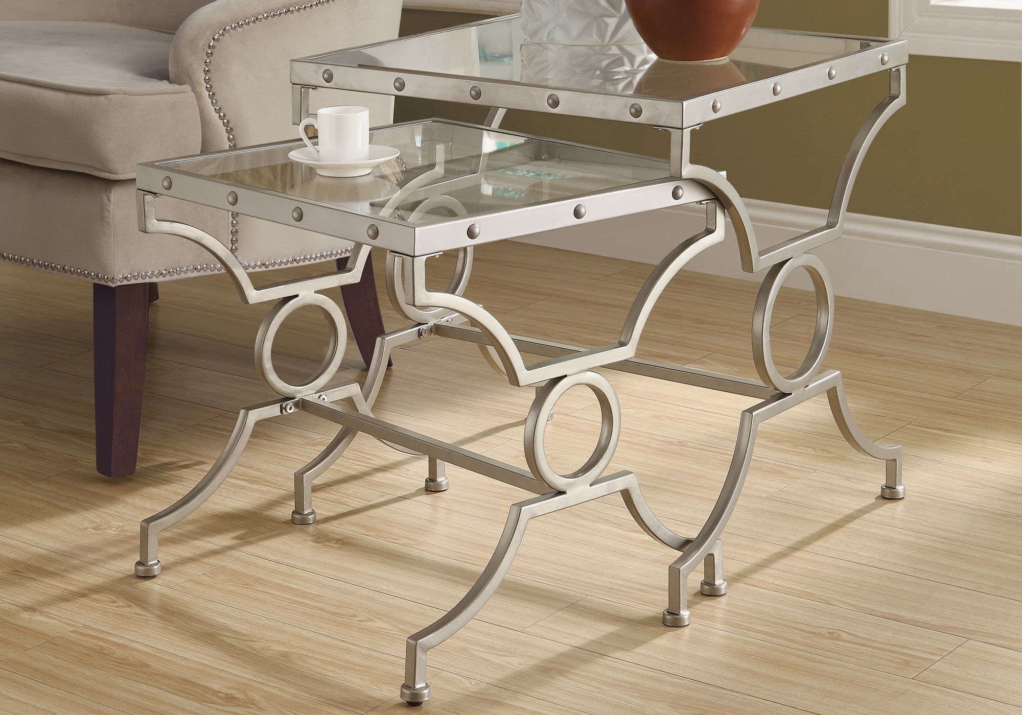 TABLE GIGOGNE - ENSEMBLE DE 2PCS / ARGENT AVEC VERRE TREMPÉ