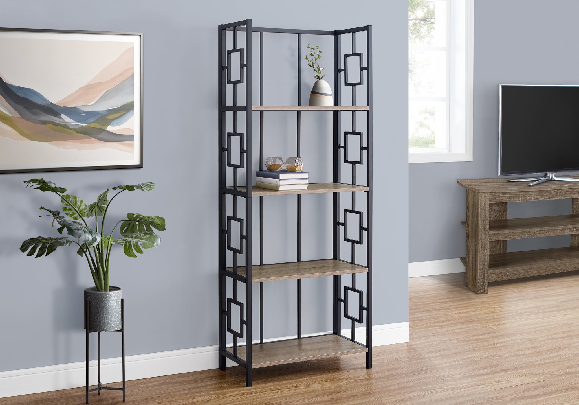 BIBLIOTHEQUE - 62"H / TAUPE FONCE / ETAGERE METAL NOIR