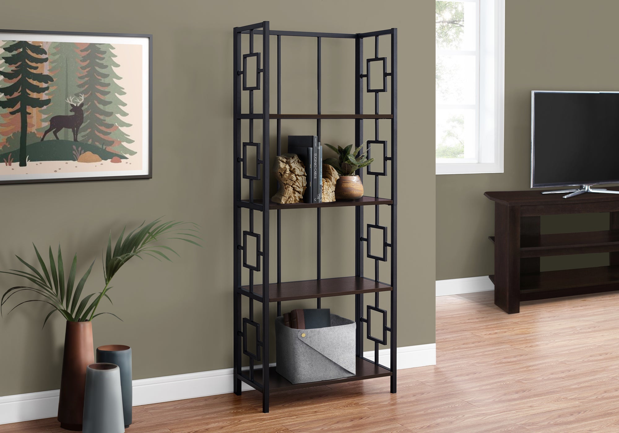 BIBLIOTHEQUE - 62"H / ESPRESSO / ETAGERE METAL NOIR