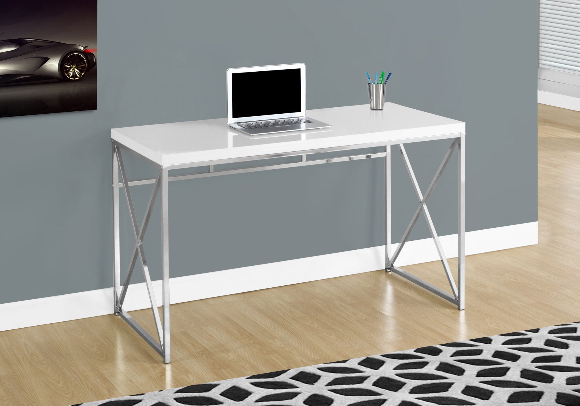 BUREAU D'ORDINATEUR - 48"L / BLANC BRILLANT / METAL CHROME
