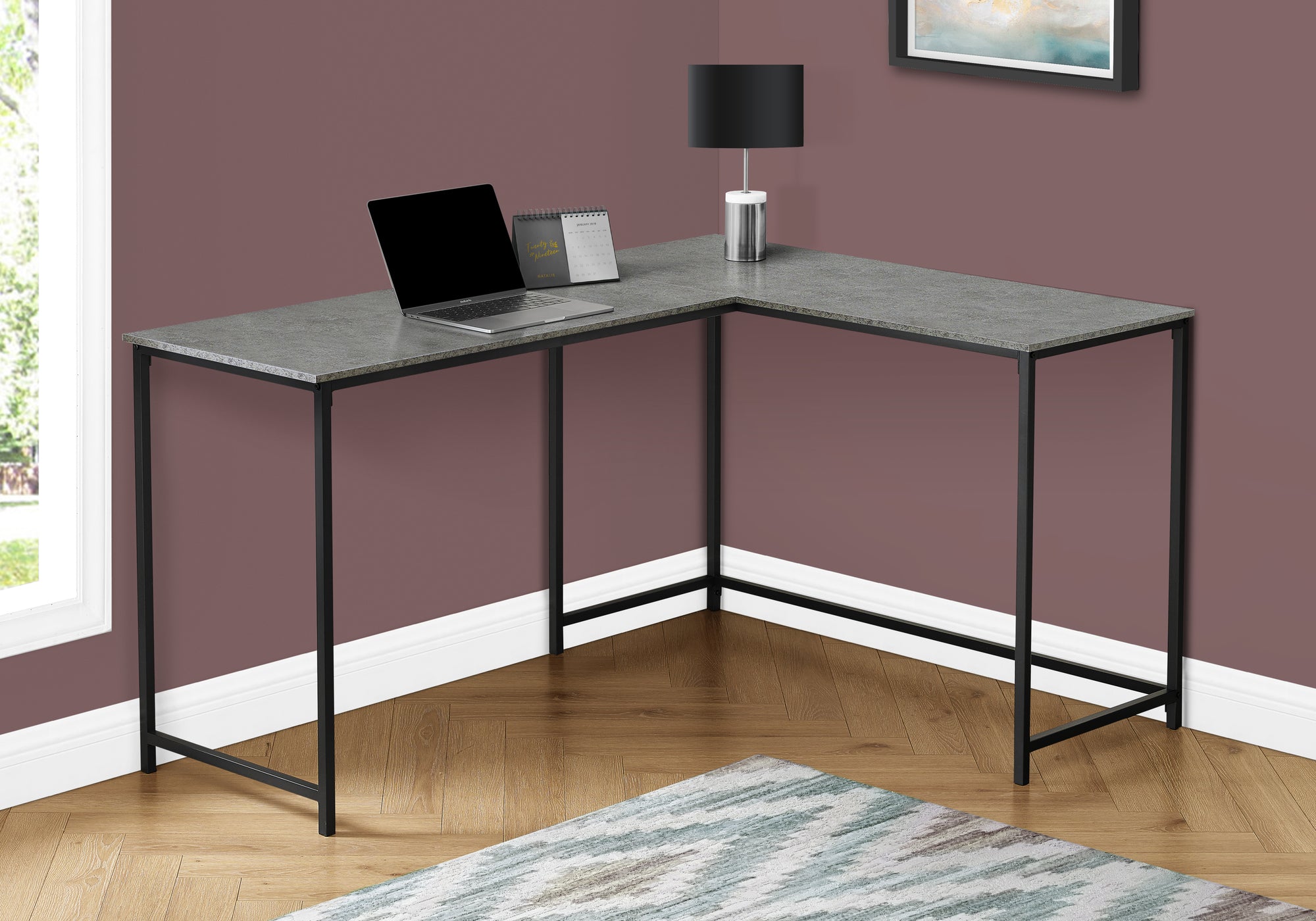 BUREAU D'ORDINATEUR - 58"L/ ASPECT PIERRE GRIS/ COIN METAL NOIR