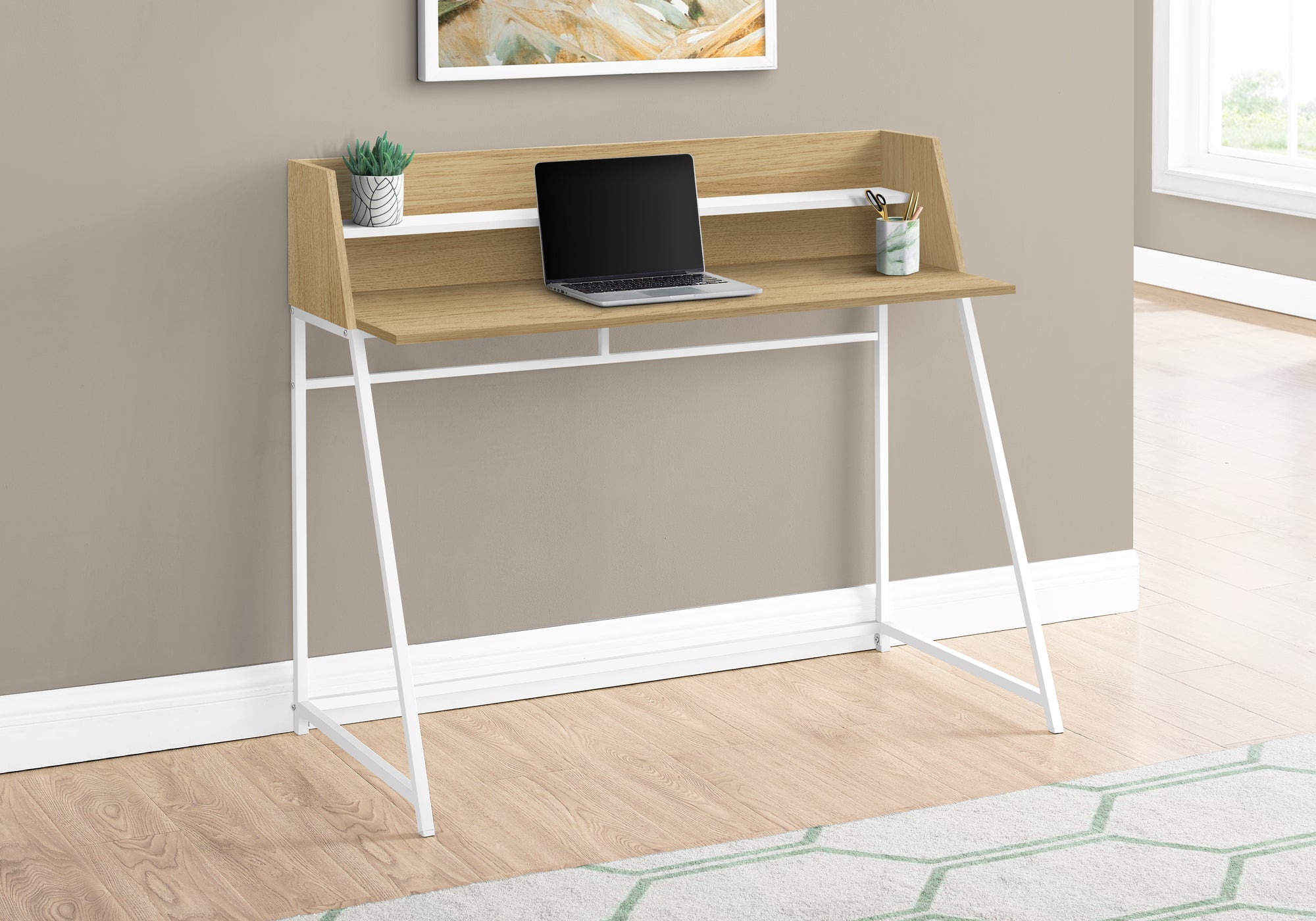 BUREAU D'ORDINATEUR - 48"L / NATUREL / MÉTAL BLANC