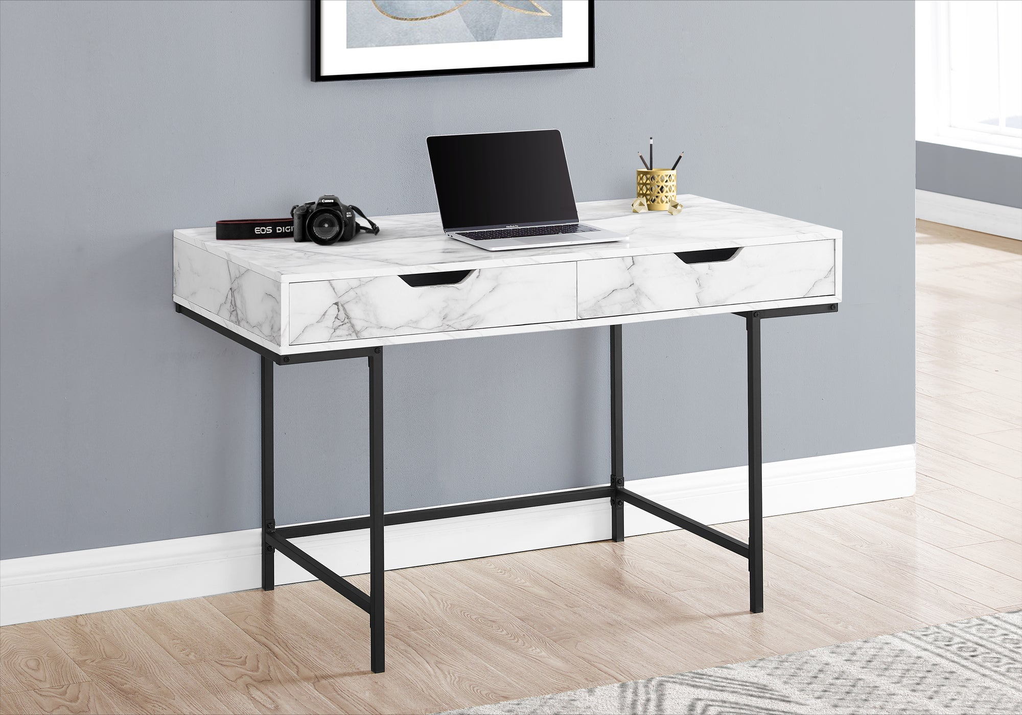 BUREAU D'ORDINATEUR - 48"L / ASPECT MARBRE BLANC / METAL NOIR
