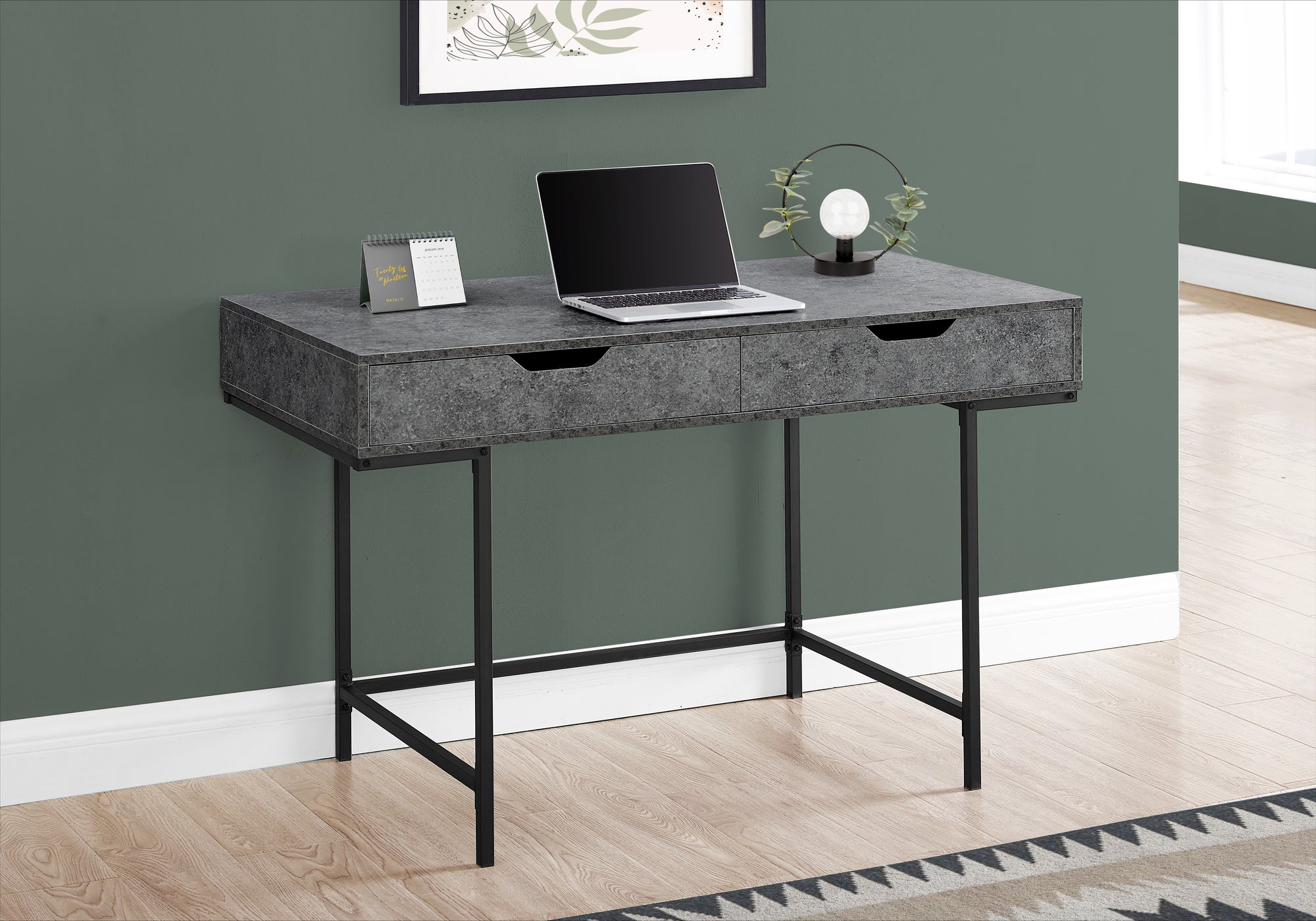 BUREAU D'ORDINATEUR - 48"L / SIMILI PIERRE GRIS / METAL NOIR