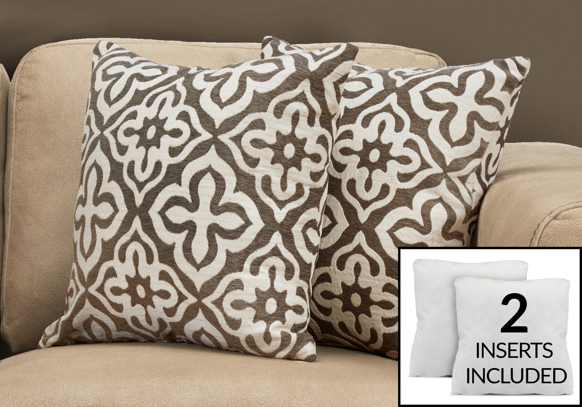 COUSSIN - 18"X 18" / MOTIF TAUPE FONCÉ / 2PCS