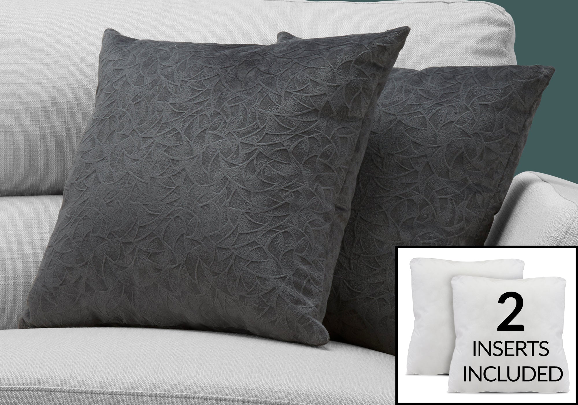COUSSIN - 18"X 18" / VELOURS FLORAL GRIS FONCE / 2PCS