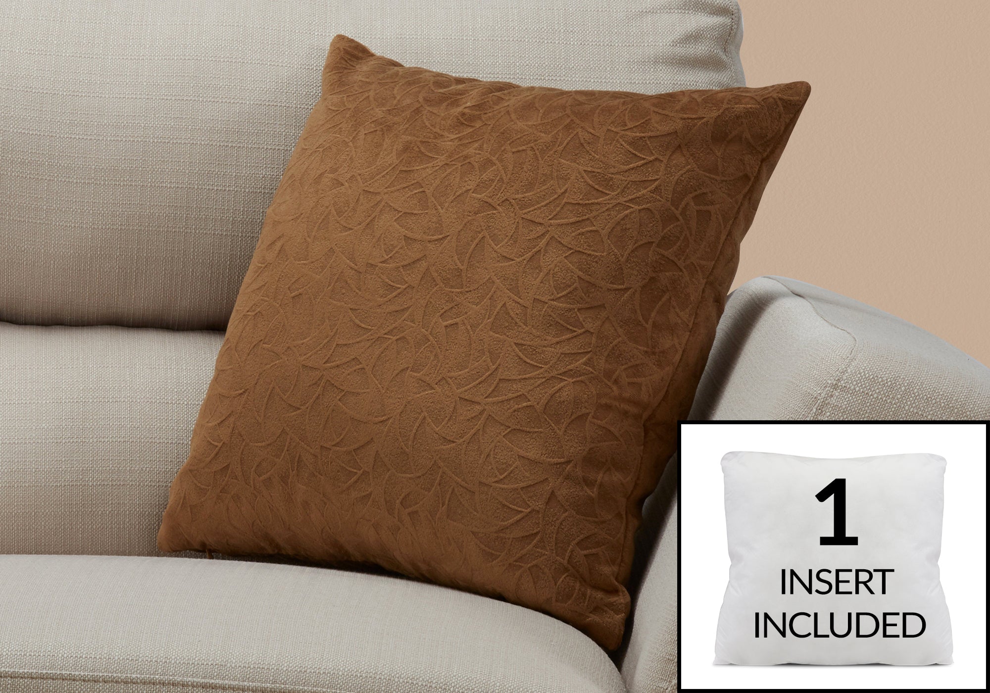COUSSIN - 18"X 18" / VELOURS FLORAL BRUN PÂLE / 1PC