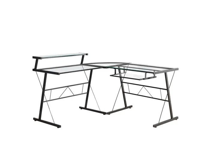 BUREAU D'ORDINATEUR - COIN EN MÉTAL NOIR AVEC VERRE TREMPÉ