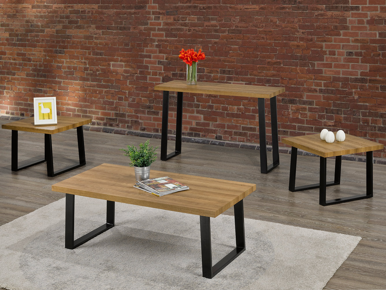 Plateau de table basse en bois avec base en métal, ensemble de 3 pièces