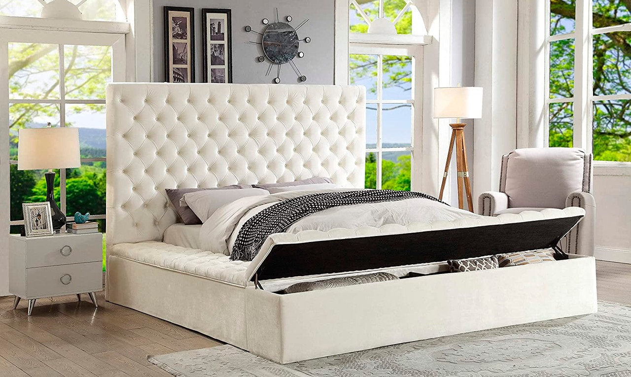 Lit Plateforme - Capitonnage Profond, 3 Grands Rangements, Velours Crème, 16 po