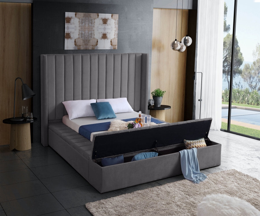 Lit Velours Gris - Capitonnage Canaux, 3 Bancs Rangement, Support Matelas