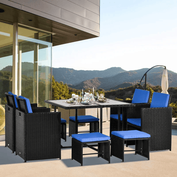 Ensemble de salle à manger de patio en osier, 9 pièces, canapé sectionnel de jardin en rotin, fauteuil d'extérieur peu encombrant et ensembles de meubles ottomans avec coussin, bleu