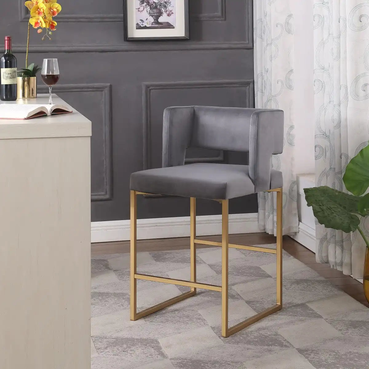 Set de 2 Tabourets de Comptoir Anthony - Velours Gris