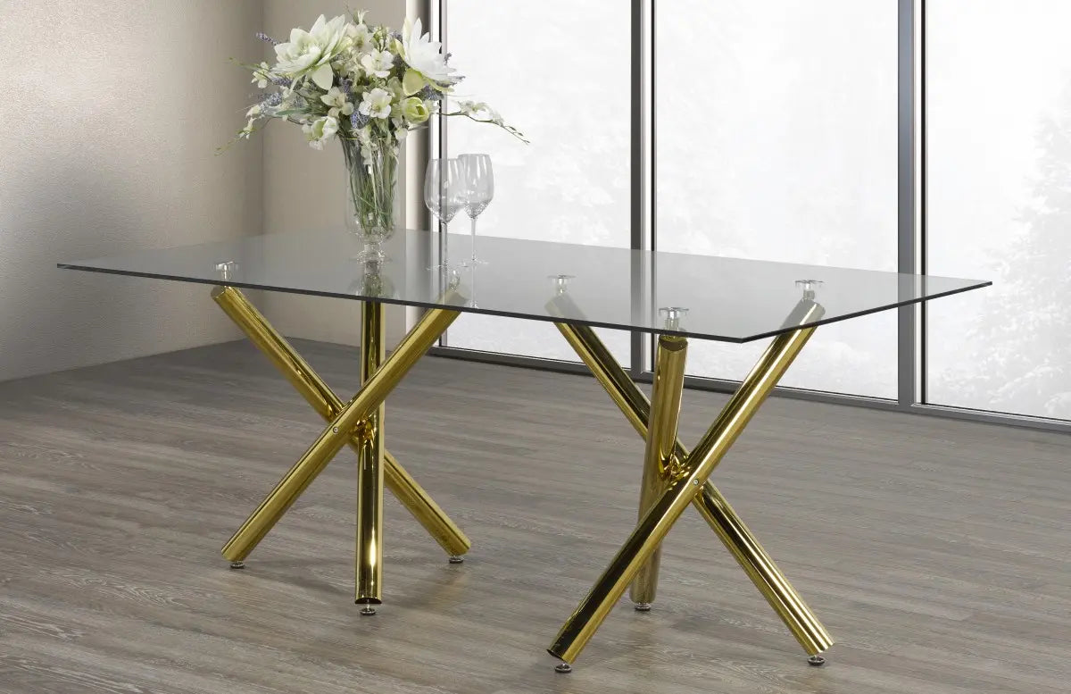 Table à manger dorée 6 places - Verre Trempé et Base en X