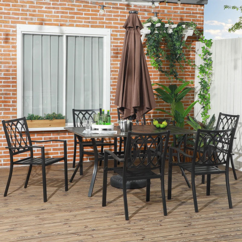 Ensemble de salle à manger d'extérieur 7 pièces pour 6 personnes avec chaises empilables avec plateau en grain de bois, pour jardin, patio, arrière-cour, marron