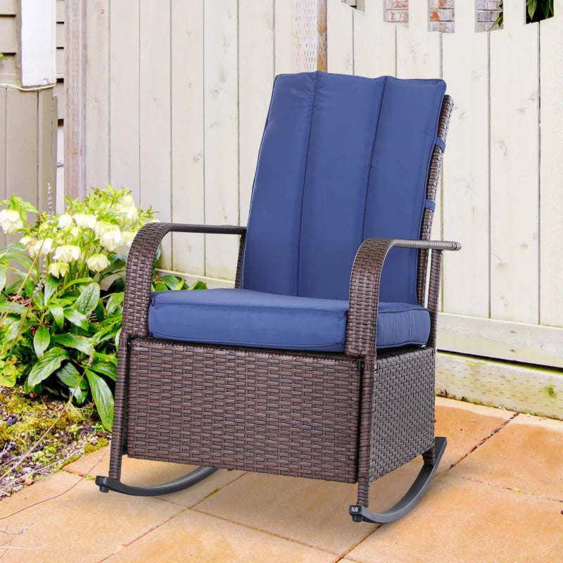 Chaise à bascule d'extérieur en osier avec coussin, chaise inclinable en rotin PE avec repose-pieds réglable, accoudoirs, bleu foncé
