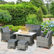Ensemble de meubles de patio 6 pièces avec table de foyer à gaz de 50 000 BTU, table de salle à manger et chaises d'extérieur en rotin PE, ensemble de canapé de conversation sectionnel avec coussins, gris