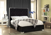 Lit Velours Noir, Capitonnage Profond, Chrome - Support Matelas Inclus