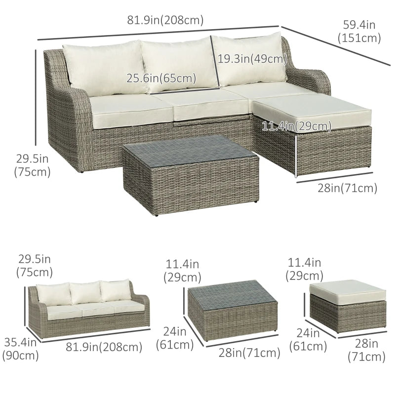 Ensemble de meubles de patio 3 pièces en osier avec table centrale relevable, cadre en aluminium, ensemble de canapé de conversation sectionnel d'extérieur entièrement assemblé avec coussins rembourrés de 4" d'épaisseur, beige
