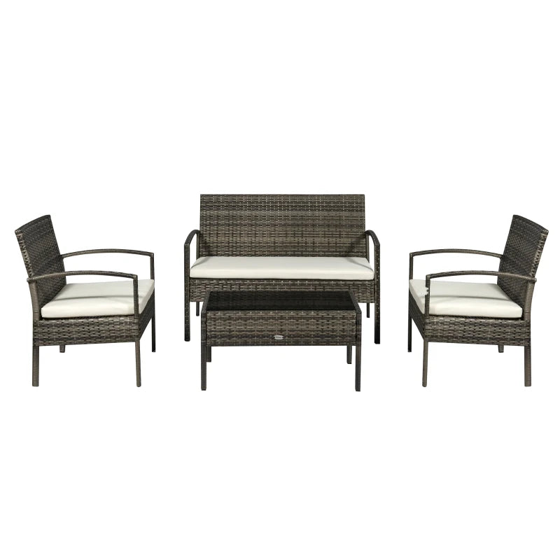 Ensembles de meubles de patio 4 pièces avec une causeuse, deux fauteuils et une table basse, ensemble de conversation en plein air avec table en verre et coussins blanc crème