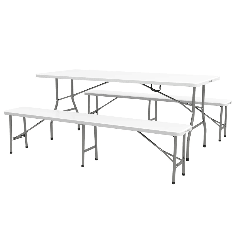 Ensemble de table de pique-nique pliante de 72 pouces, 2 bancs, 3 pièces d'extérieur en PEHD de style allemand Biergarten, table à bière pliable pour 6 personnes, blanche