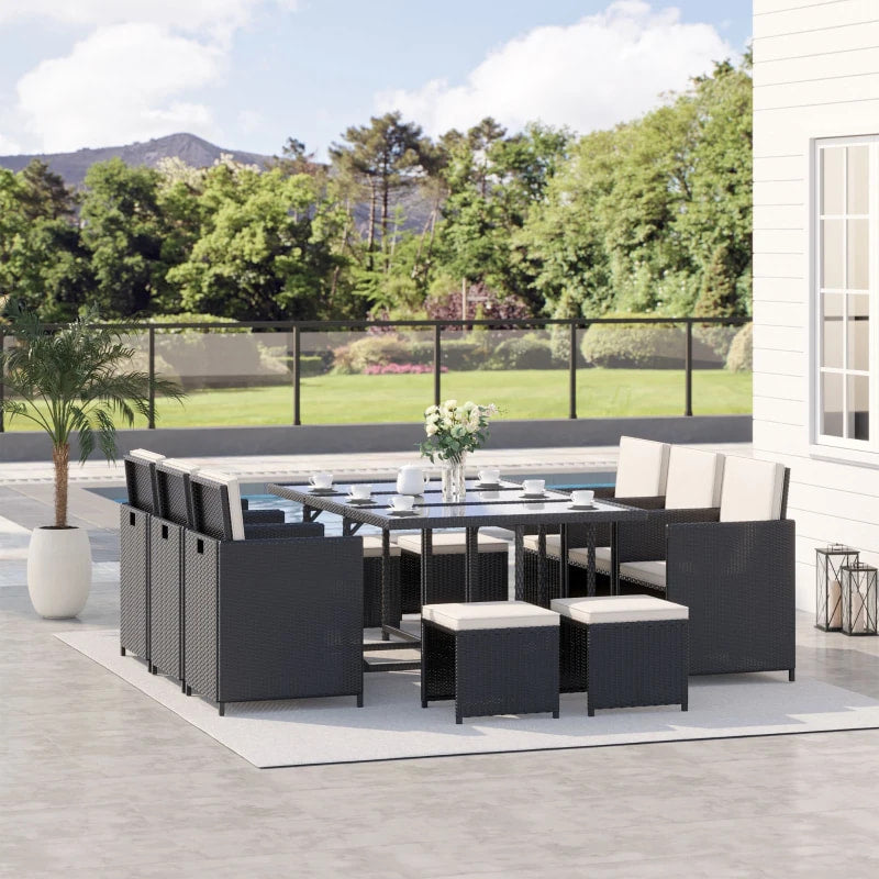 Ensemble de salle à manger en rotin pour Patio, meubles de jardin, Table, chaise, pouf, arrière-cour, noir, 11 pièces