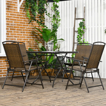 ORTUNNY 5 pièces Table de patio et chaises de rotin pliant pour 4 avec trou de parapluie, haut en verre trempé, brun foncé